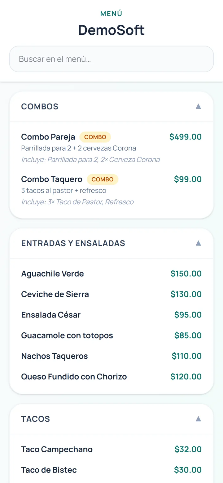 Carta pública de un restaurante vista en el celular: combos, entradas y tacos con sus precios, y un buscador arriba